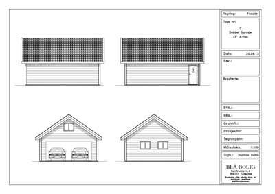 Fasadetegning som viser fire utsnitt av en dobbel garasje (35° A-tak) med taktekking, veggmateriale og dører/vinduer.