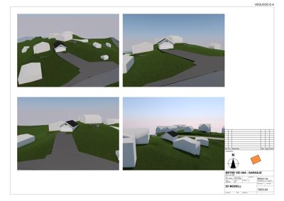 3D-visualisering (rendering) av et 3D-modell av en bygning og omgivelsene, vist fra fire ulike vinkler.
