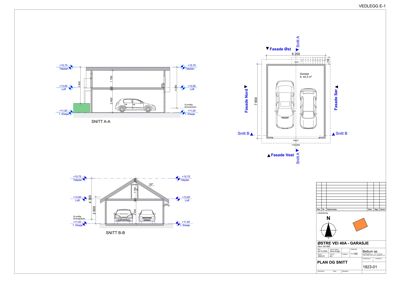 Bildet viser snittegninger (SNITT A-A og SNITT B-B) av en garasje, inkludert fasadeopprikk og høydemål.