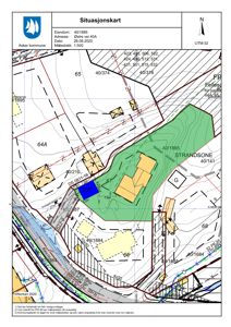 Situasjonskart som viser eiendommen 40/1885 med bygningers plassering, tomtegrenser og topografi.