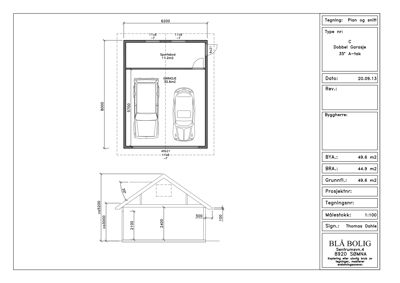 Tegning som viser etasjeplan (plan) og snitt av en dobbel garasje med oppgitt mål og romareal.