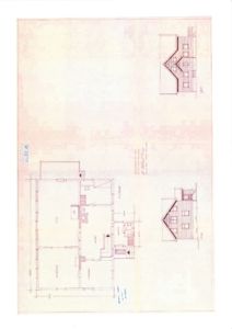 Bildet viser en tegning med etasjeplan (romfordeling) for hovedetasjen, samt fasadeopprikk og snitt av bygningen.