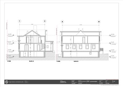 Snittegning (Snitt A og Snitt B) som viser bygningens tverrsnitt, høyder og romfordeling.