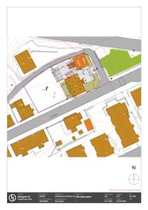 Situasjonsplan som viser bygningenes plassering i forhold til tomme, veier (Dalegata) og nabolag.