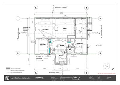 Etasjeplan for 1. etasje som viser romfordeling, dimensjoner og veggtykkelse.