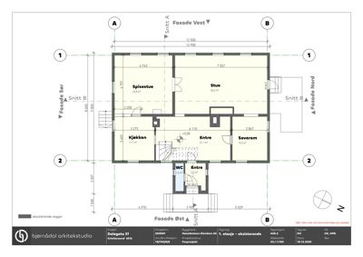 Etasjeplan for 1. etasje av en eksisterende bygning, som viser romfordeling (stue, spisestue, kjøkken, soverom), dimensjoner og fasader.