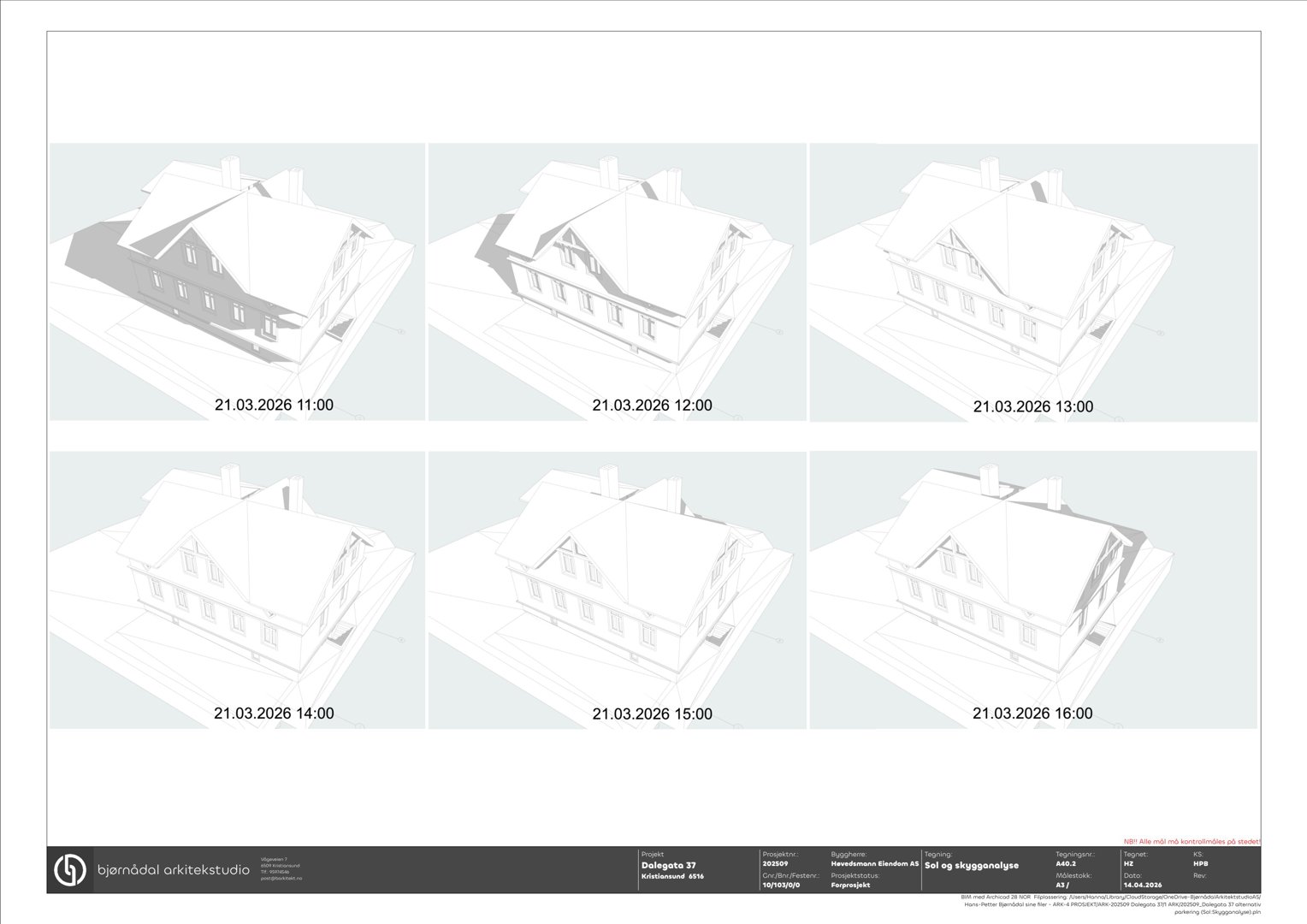 En serie med 3D-visualiseringer (renderinger) av en bygning sett fra ulike vinkler, med tidsstempel som indikerer solforhold.