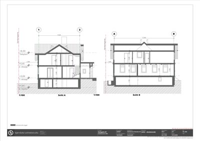 Tegning som viser tverrsnitt gjennom en bygning (Snitt A og Snitt B) med høydemål og romfordeling.