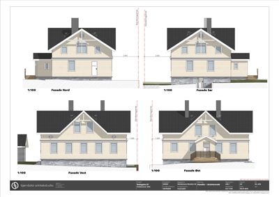 Fasadetegning som viser fire utsnitt av en bygning (Nord, Sør, Vest og Øst) med mål og detaljer.