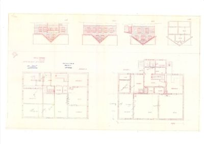 Bildet viser en tegning med to etasjeplaner (nederst) og fire fasadeopprikk (øverst).