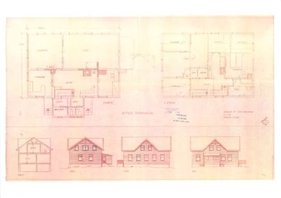 Bildet viser en tegning med etasjeplaner (øverst) og fire forskjellige fasadeperspektiver (nederst).
