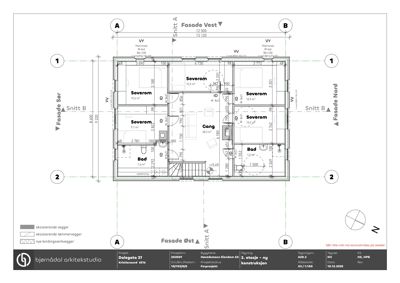 Etasjeplan for 2. etasje som viser romfordeling (soverom, gang, bad), dimensjoner og veggtyper.