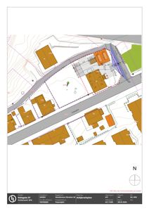 Situasjonsplan som viser tomt, bygninger, vegger (Dalegata) og høydemålerlinjer.