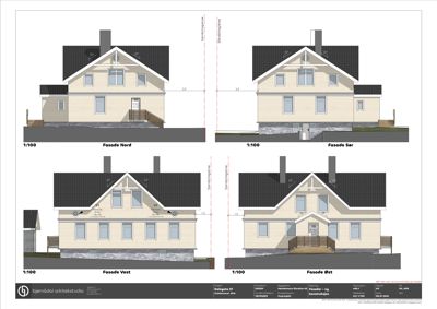 Bildet viser fire fasadetegninger (Nord, Sør, Vest, Øst) for en bolig med mål og detaljer.