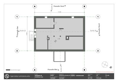 Etasjeplan for kjelleretasje som viser romfordeling, eksisterende vegger og snittlinjer.