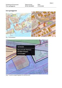 Bildet viser en side fra en byggesak som inneholder et oversiktskart over Kristiansund og et utsnitt av reguleringsplan for eiendommen.