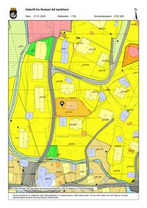 Situasjonsplan (tomtekart) som viser eiendomsinndeling, bygninger, veier og arealbruk i området.