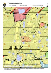 Utsnitt av kommuneplan (1:1000) som viser eiendomsgrenser, arealbruk og infrastruktur i et område.