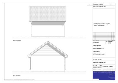 Fasadetegning som viser bygningens utseende sett fra sør-øst og øst.