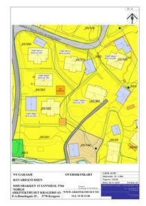 Oversiktskart (situasjonsplan) som viser tomtene, bygninger, veier og arealbruk i et område.