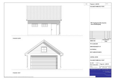 Fasadetegning som viser oppriss av bygningens nord- og vestside.