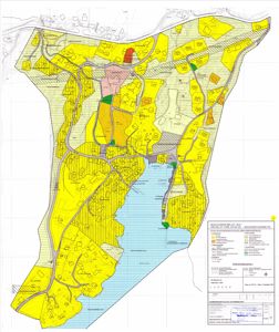 Situasjonsplan (reguleringsplan) som viser tomtens beliggenhet, vegnett, vannareal og arealbruksinndeling.