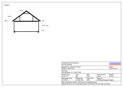 Snittegning som viser tverrsnittet av en bygning med mål på takhøyde, vegghøyder og takvinkel.