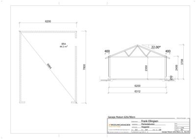 Teknisk tegning som viser dimensjoner og konstruksjon for en garasje (Modum 620x780cm).