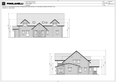 Fasadetegning av en hytte med mål og detaljer for fronten.