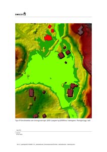 Kart som viser flomutbredelse (grønn) og planlagte bygg (rødt) i et landskap.