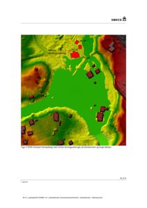 Et klimapåslag med terrengmodellering og bygningsfotavtrykk, som viser høydeforskjeller og planlagt terrengjustering.