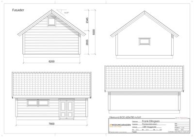 Fasadetegning som viser bygningens utseende fra flere vinkler med mål og detaljer.