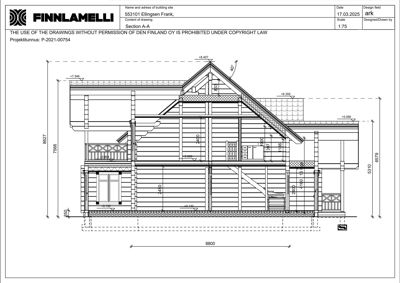 Snittegning (Section A-A) som viser tverrsnittet av en bygning med mål og detaljer.
