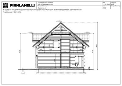 Snittegning (Section A-A) som viser bygningens tverrsnitt, høyder og romfordeling.