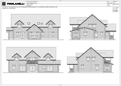 Fasadetegning som viser fire utsikter av en planlagt hytte.