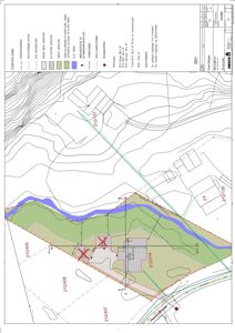 Situasjonsplan som viser tomtens form, terrengforhold (konturlinjer), eksisterende og planlagt bebyggelse, vassdrag, og eiendomsgranser.