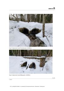 Fotografier av innløp for kulvert under snø, med tekster som beskriver plassering og dimensjoner.