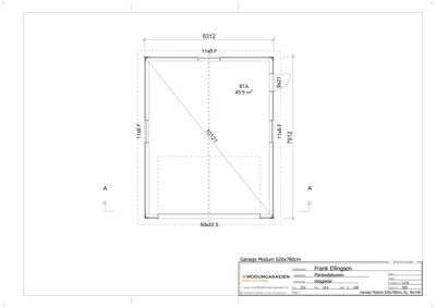 Etasjeplan eller grunnplan for en modulær garasje med angitte mål og romoppdeling.