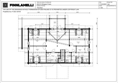 Etasjeplan for første etasje (First floor) med romfordeling og mål.