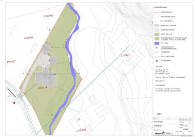 Situasjonsplan som viser tomtens form, grenser (212/409, 212/408 etc.), eksisterende og planlagt bebyggelse, samt topografi og vassdrag.