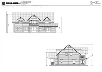 Fasadetegning av en hytte med mål og detaljer for front- og sidevegg.