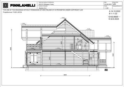 Snittegning (Section A-A) av en hytte med mål og høydeangivelser.