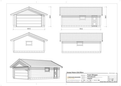 Fasadetegning av en garasje med mål og detaljer for front- og sidevegger.