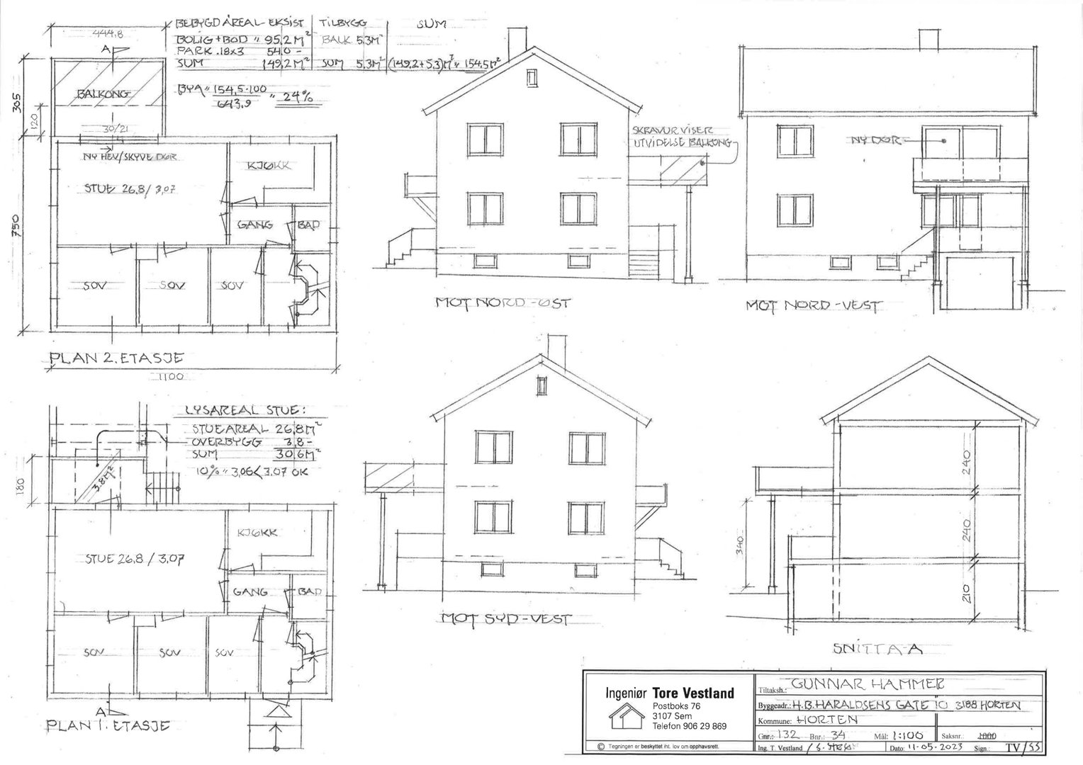 Bildet viser etasjeplaner (1. og 2. etasje) samt fasade- og snittegninger for en bolig.