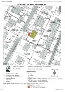 Forenklet situasjonskart som viser eiendomsnummer, bygningers plassering, gjerder, veier og vannledninger i Horten kommune.