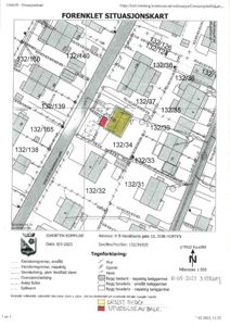 Forenklet situasjonskart som viser eiendomsnummer, bygningers plassering, gjerder, veier og vannledninger i Horten kommune.