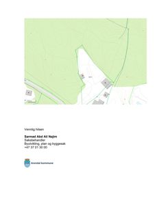 Bildet viser en situasjonsplan eller et kart over et område med topografi (konturlinjer) og plassering av bygninger. Under bildet er det en signatur og kontaktinformasjon fra Arendal kommune.