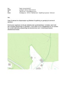 Kart som viser eiendomsgrenser, topografi og plassering av bygninger i et område.