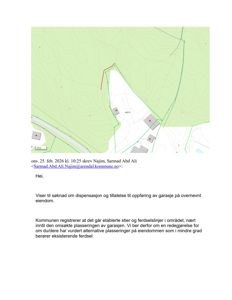 Et digitalt kart (topografisk kart) som viser eiendomsgrenser, terrengforhold og plassering av bygninger.