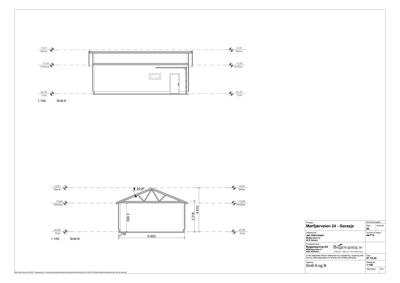 Snittegning (Snitt A og B) som viser bygningens tverrsnitt, høyder, takform og innvendige detaljer.